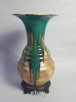 Antique Czech Bohemian Art Nouveau Drip Glaze Pottery Vase Bronze Mounted