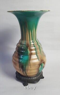 Antique Czech Bohemian Art Nouveau Drip Glaze Pottery Vase Bronze Mounted