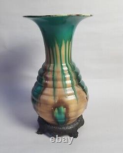 Antique Czech Bohemian Art Nouveau Drip Glaze Pottery Vase Bronze Mounted