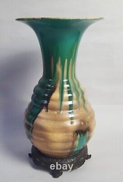 Antique Czech Bohemian Art Nouveau Drip Glaze Pottery Vase Bronze Mounted