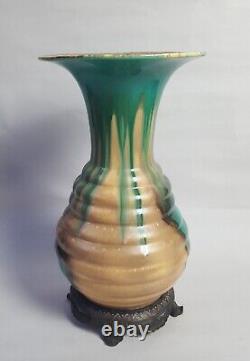 Antique Czech Bohemian Art Nouveau Drip Glaze Pottery Vase Bronze Mounted