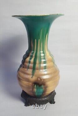 Antique Czech Bohemian Art Nouveau Drip Glaze Pottery Vase Bronze Mounted