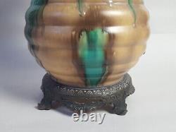 Antique Czech Bohemian Art Nouveau Drip Glaze Pottery Vase Bronze Mounted