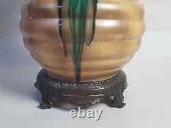 Antique Czech Bohemian Art Nouveau Drip Glaze Pottery Vase Bronze Mounted