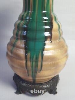 Antique Czech Bohemian Art Nouveau Drip Glaze Pottery Vase Bronze Mounted