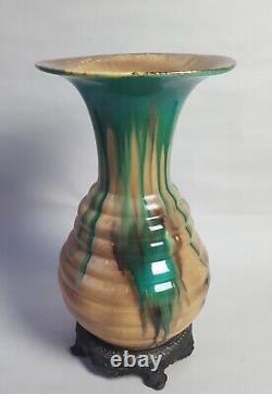 Antique Czech Bohemian Art Nouveau Drip Glaze Pottery Vase Bronze Mounted