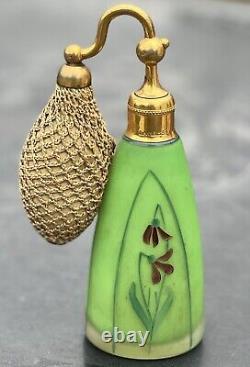 Antique DeVilbiss Art Nouveau Green Satin Glass Perfume Bottle with Atomizer