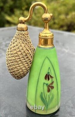 Antique DeVilbiss Art Nouveau Green Satin Glass Perfume Bottle with Atomizer