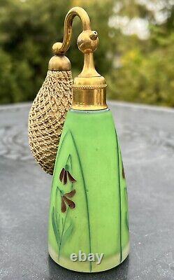 Antique DeVilbiss Art Nouveau Green Satin Glass Perfume Bottle with Atomizer