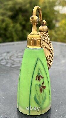 Antique DeVilbiss Art Nouveau Green Satin Glass Perfume Bottle with Atomizer