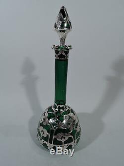 Antique Decanter Art Nouveau American Emerald Green Glass Silver Overlay