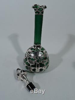 Antique Decanter Art Nouveau American Emerald Green Glass Silver Overlay