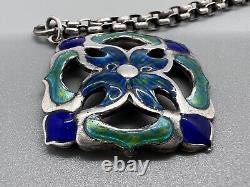Antique Edwardian 1909 Silver Art Nouveau Enamel Flower Necklace Pendant & Chain