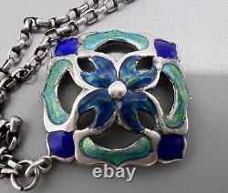 Antique Edwardian 1909 Silver Art Nouveau Enamel Flower Necklace Pendant & Chain