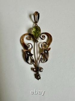 Antique Edwardian 9ct Gold Art Nouveau Peridot Seed Pearl Pendant