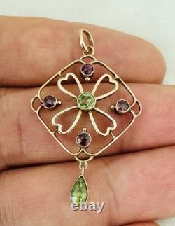 Antique Edwardian 9k 9ct Gold Peridot & Amethyst Pendant Art Nouveau Marked 9Ct