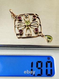 Antique Edwardian 9k 9ct Gold Peridot & Amethyst Pendant Art Nouveau Marked 9Ct