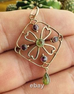 Antique Edwardian 9k 9ct Gold Peridot & Amethyst Pendant Art Nouveau Marked 9Ct
