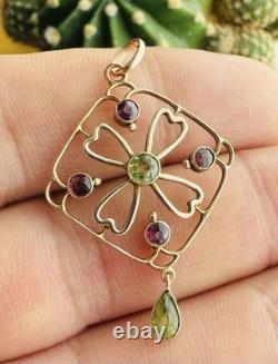 Antique Edwardian 9k 9ct Gold Peridot & Amethyst Pendant Art Nouveau Marked 9Ct
