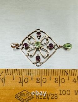 Antique Edwardian 9k 9ct Gold Peridot & Amethyst Pendant Art Nouveau Marked 9Ct
