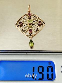 Antique Edwardian 9k 9ct Gold Peridot & Amethyst Pendant Art Nouveau Marked 9Ct