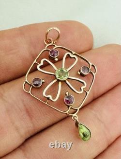 Antique Edwardian 9k 9ct Gold Peridot & Amethyst Pendant Art Nouveau Marked 9Ct