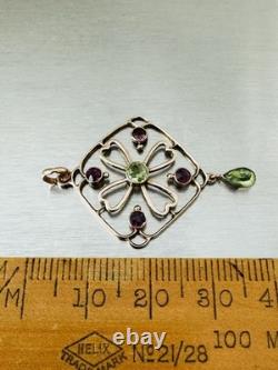 Antique Edwardian 9k 9ct Gold Peridot & Amethyst Pendant Art Nouveau Marked 9Ct