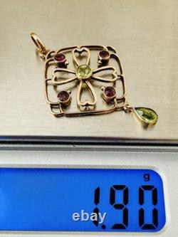 Antique Edwardian 9k 9ct Gold Peridot & Amethyst Pendant Art Nouveau Marked 9Ct