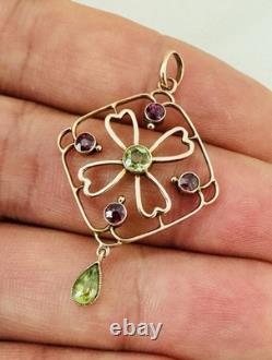 Antique Edwardian 9k 9ct Gold Peridot & Amethyst Pendant Art Nouveau Marked 9Ct