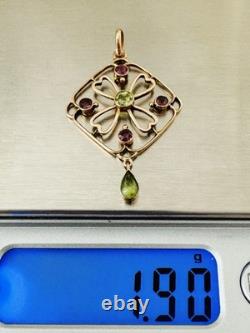 Antique Edwardian 9k 9ct Gold Peridot & Amethyst Pendant Art Nouveau Marked 9Ct
