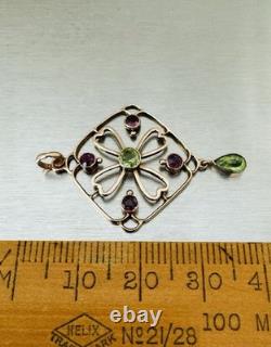 Antique Edwardian 9k 9ct Gold Peridot & Amethyst Pendant Art Nouveau Marked 9Ct