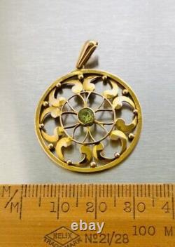 Antique Edwardian 9k 9ct Gold & Peridot Pendant Marked 9CT, Art Nouveau