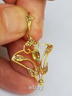 Antique Edwardian Art Nouveau Pendant 9ct Gold Peridot & Seed Pearl