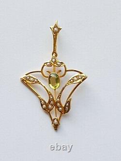 Antique Edwardian Art Nouveau Pendant 9ct Gold Peridot & Seed Pearl