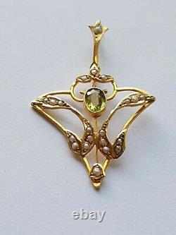 Antique Edwardian Art Nouveau Pendant 9ct Gold Peridot & Seed Pearl