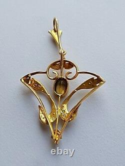 Antique Edwardian Art Nouveau Pendant 9ct Gold Peridot & Seed Pearl