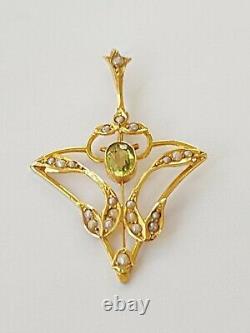 Antique Edwardian Art Nouveau Pendant 9ct Gold Peridot & Seed Pearl