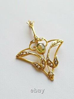 Antique Edwardian Art Nouveau Pendant 9ct Gold Peridot & Seed Pearl