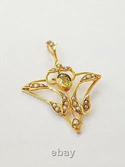 Antique Edwardian Art Nouveau Pendant 9ct Gold Peridot & Seed Pearl