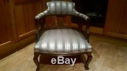 Antique Edwardian Green & Silver Pin stripe Upholstered Tub Chair Armchair