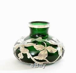 Antique Emerald Green Glass Sterling Silver Overlay Vase Art Nouveau Style