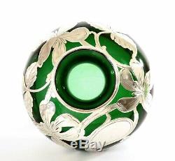 Antique Emerald Green Glass Sterling Silver Overlay Vase Art Nouveau Style