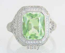 Antique Estate 14K White Gold 2.50ct Lime Green Peridot Filigree Art Deco Ring