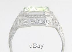 Antique Estate 14K White Gold 2.50ct Lime Green Peridot Filigree Art Deco Ring