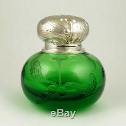 Antique French. 800 Silver Mounted Green Glass Paperweight Inkwell Art Nouveau