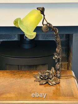 Antique French ART NOUVEAU 1910's Wrought Iron Lamp with green paste Glass Shade