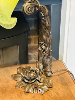 Antique French ART NOUVEAU 1910's Wrought Iron Lamp with green paste Glass Shade