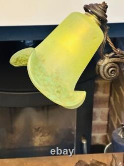 Antique French ART NOUVEAU 1910's Wrought Iron Lamp with green paste Glass Shade