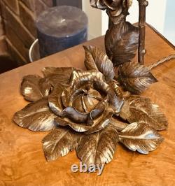 Antique French ART NOUVEAU 1910's Wrought Iron Lamp with green paste Glass Shade