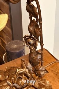 Antique French ART NOUVEAU 1910's Wrought Iron Lamp with green paste Glass Shade